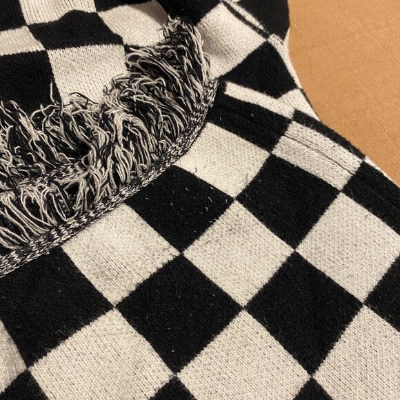 Dressed in Lala - Luxe Fringe Blanket Cardigan in Black + White Check S/M - Picture 5 of 5